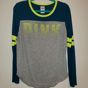 Pink Victoria's Secret Long Sleeve Wide Neck Tee - Grey & Lime Green 0175